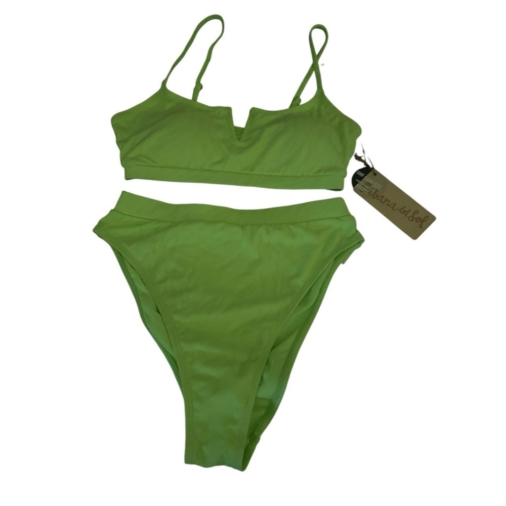 Cabana del Sol Y2K Retro High Rise Vibrant Lime Green Textured Bikini Set Small - Picture 2 of 10